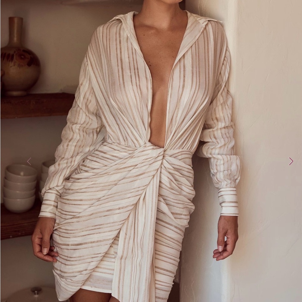 House of CB Cream Striped Long Sleeve Dress